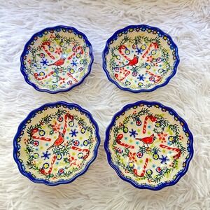 Polish Pottery Winter Cardinal Candycane 4 Pc Fruit Dessert Bowls UNIKAT